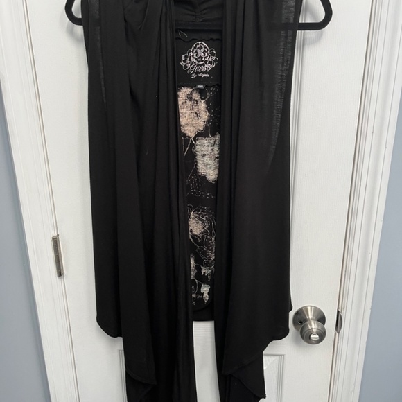 GUESS floral sleeveless open front/Hi low Draped Cardigan Vest black M Y2K - Picture 10 of 12